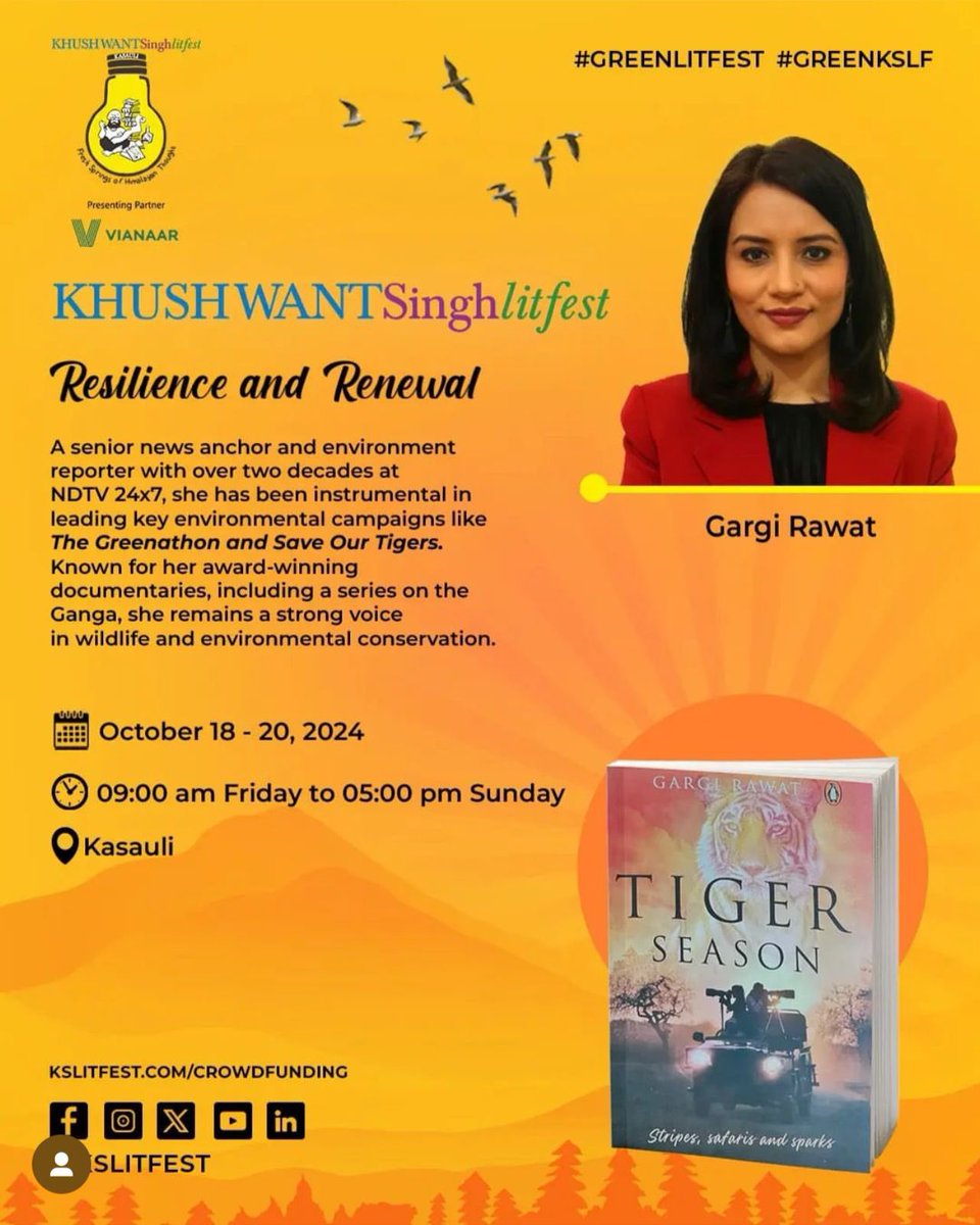 Khushwant Singh LitFest (@kslitfest) on Twitter photo "Meet <a href="/GargiRawat/">Gargi Rawat</a> , renowned environmental journalist & author of 'Tiger Season'! ๐ณ๐
Oct 18-20, Kasauli ๐๏ธ
#TigerSeason #EnvironmentalJournalism #WildlifeConservation #Sustainability #ClimateAction #KSLF2024 #AuthorsOfTwitter #BookLovers #EcoAwareness "Meet <a href="/GargiRawat/">Gargi Rawat</a> , renowned environmental journalist & author of 'Tiger Season'! ๐ณ๐
Oct 18-20, Kasauli ๐๏ธ
#TigerSeason #EnvironmentalJournalism #WildlifeConservation #Sustainability #ClimateAction #KSLF2024 #AuthorsOfTwitter #BookLovers #EcoAwareness