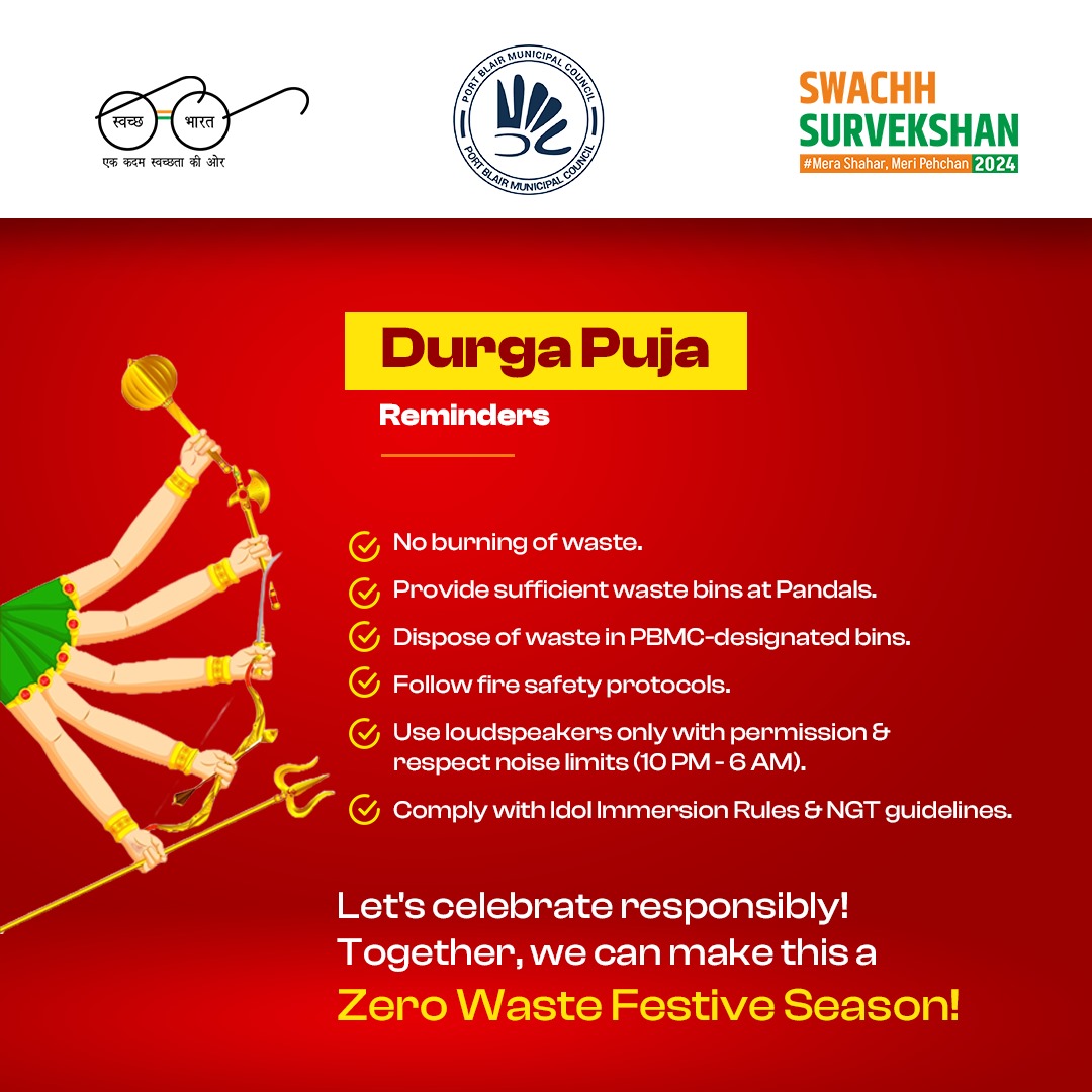 SVPMC_ANI's tweet photo. Join #ZeroWaste Puja Celebrations as part of #SwachhSurvekshan2024! Let’s keep #SriVijayaPuram clean.

Key Steps for Puja Committees: ✅ Use Blue &amp; Green bins. ✅ Avoid single-use plastics. ✅ Choose eco-friendly plates. ✅ Reduce food waste.

🎖 Top 10 Pandals win ₹10,000 https://t.co/kuK4p9qmoG