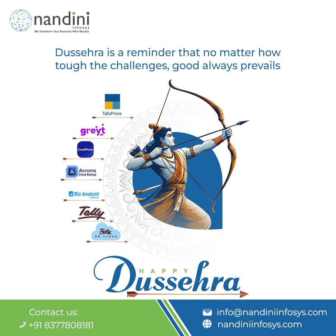 NIPL_HQ's tweet image. Dussehra teaches us that no challenge is too big when goodness stands strong. Let’s celebrate the triumph of light over darkness!
🌟💪 Nandini Infosys Wishing you a victorious and joyous Dussehra!
.
.
.
.
#NIFY #nandiniInfosys #tallyprime #festiveseason #Dussehra #happyDussehra