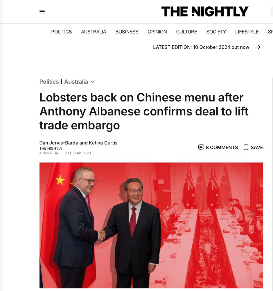 TheNoisyTrunk's tweet image. The Nightly, a Seven West Media (#KerryStokes RAG) did an article headlined with: "Lobsters back on Chinese menu after Anthony Albanese confirms deal to lift trade embargo"

In the comments beneath the article, the first comment is:

"So Albo bans live sheep exports then he has a