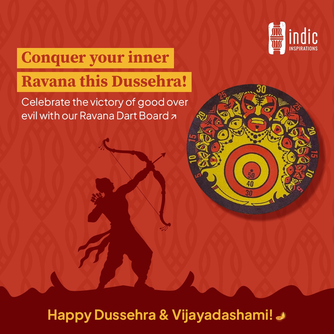 Happy Dussehra and Vijayadashmi from all of us at Indic Inspirations!

May this festival of victory light up your home with joy, prosperity, and the triumph of good over evil. 🪔✨ 

Let's celebrate the spirit of goodness and positivity together!

#Dussehra #VijayaDashmi