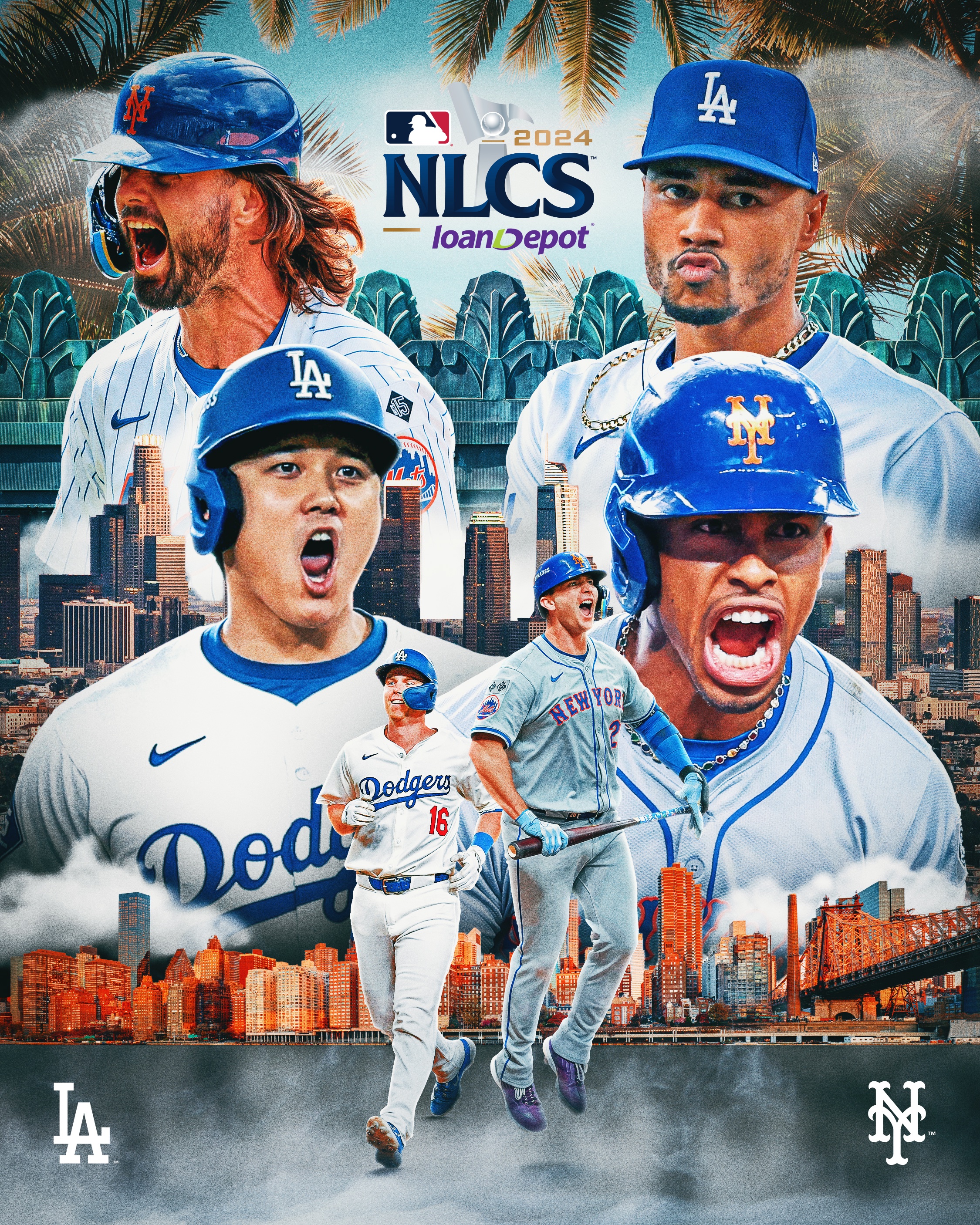 Mets vs. Dodgers: NLCS Hype Graphic Pictured: Cutouts of Jesse Winker, Mookie Betts, Shohei Ohtani, Francisco Lindor, Will Smith and Pete Alonso in various action poses. In the background the NYC skyline and palm trees can be seen. 2024 NLCS is presented by loanDepot
