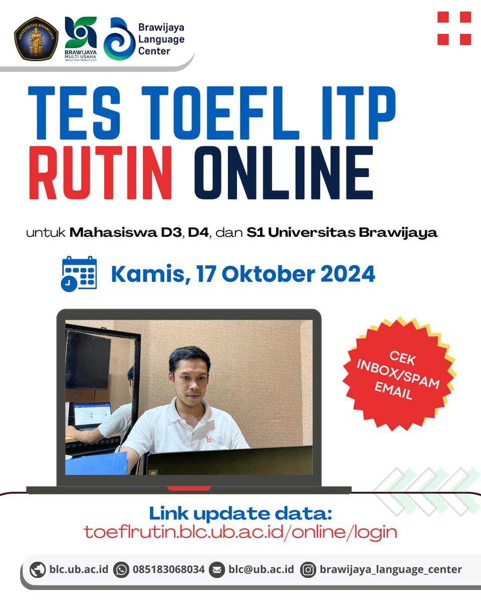 Hai, Kak!

Segera cek inbox dan spam email kalian 😉👍
Kalau namamu sudah tercantum di BLC.ub.ac.id/toefl-itp-mhs namun belum menerima email, silakan hubungi admin WA atau IG kami yaa

<a href="/infoUB/">IG - LINE : infoub</a> <a href="/UB_Official/">Universitas Brawijaya</a> 
#toeflitp #toeflub #brawijayalanguagecenter