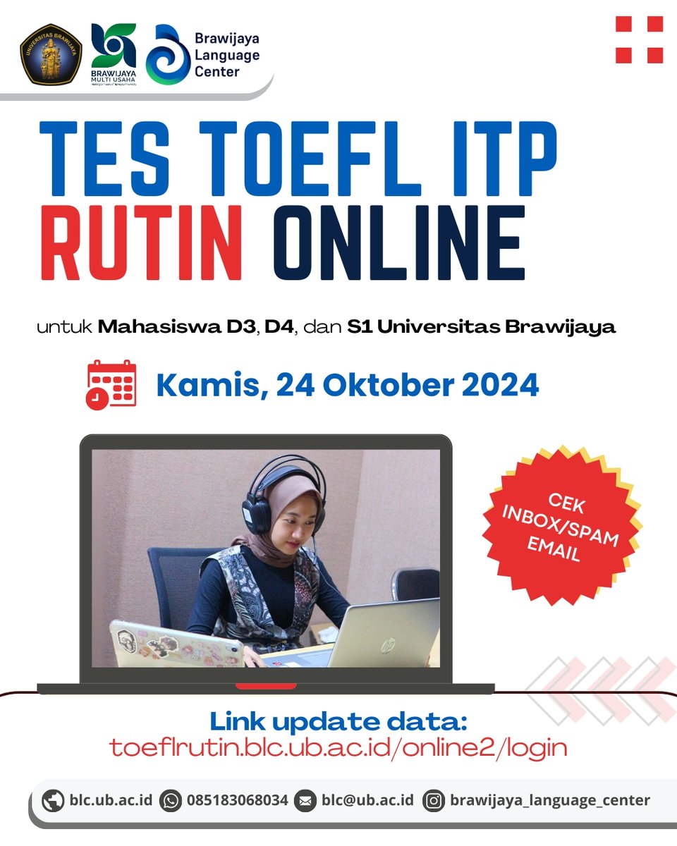 Hai, Kak!

Segera cek inbox dan spam email kalian 😉👍
Kalau namamu sudah tercantum di BLC.ub.ac.id/toefl-itp-mhs namun belum menerima email, silakan hubungi admin WA atau IG kami yaa

<a href="/infoUB/">IG - LINE : infoub</a> <a href="/UB_Official/">Universitas Brawijaya</a> 
#toeflitp #toeflub #brawijayalanguagecenter