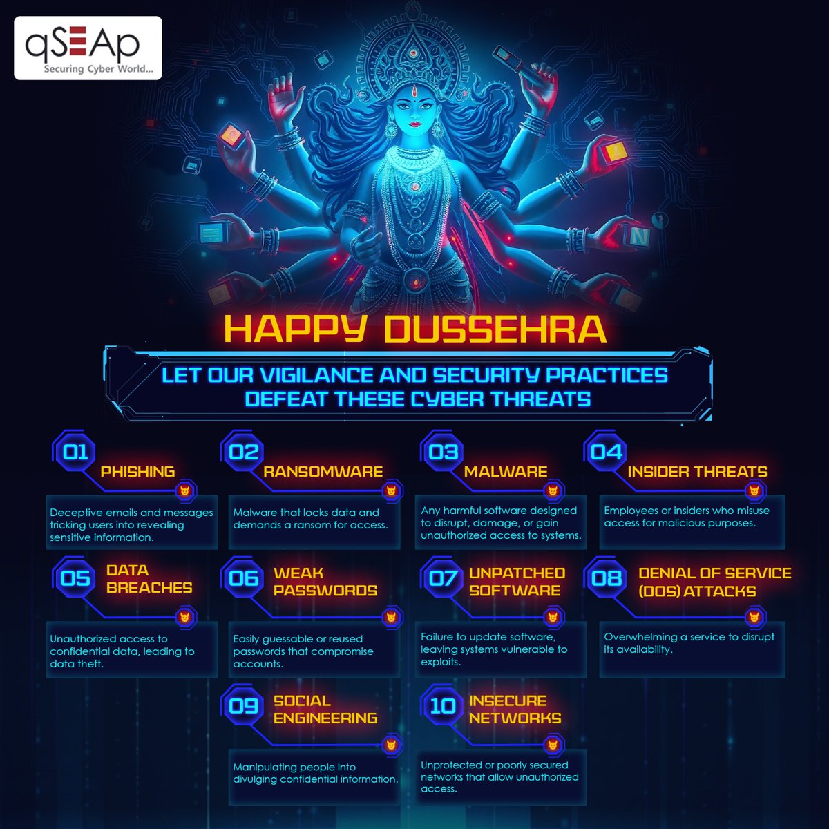 Happy #Dussehra! As we celebrate the victory of good over evil, let’s carry this spirit into our digital lives. Together, let’s combat cyber threats and strengthen our defenses for a safer future!

#qSEAp #DurgaPuja #Vijayadashami #CyberThreats #Cybersecurity #CyberAwareness