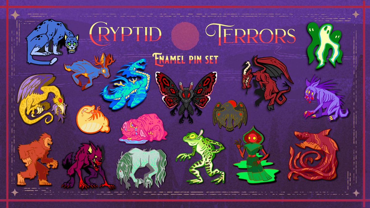 Finished all my cryptid pins designs! This campegin will be live on Halloween on backerkit! 🔗 in my b👁o for the teaser page. Consider a follow to get notified when it goes live!