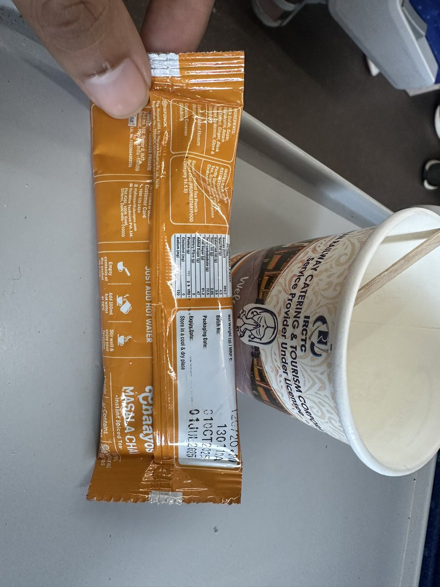 Deepaksaav's tweet photo. @IRCTCofficial @indianrailway__ @AshwiniVaishnaw  Tea is being served in the "so called" best train of India *Vande Bharat Express*.
Packing date of the Tea from @Chaayos in train is 01 Oct 2025 and Expiry date is 01 July 2025
Time travel is real
@aajtak @IndiaToday @PMOIndia https://t.co/lEOQbV3k3z