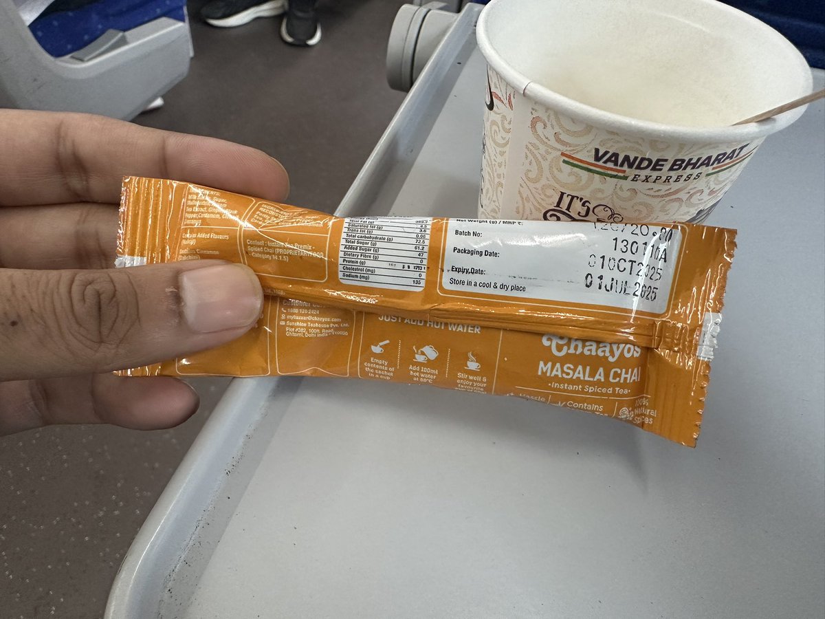 Deepaksaav's tweet photo. @IRCTCofficial @indianrailway__ @AshwiniVaishnaw  Tea is being served in the "so called" best train of India *Vande Bharat Express*.
Packing date of the Tea from @Chaayos in train is 01 Oct 2025 and Expiry date is 01 July 2025
Time travel is real
@aajtak @IndiaToday @PMOIndia https://t.co/lEOQbV3k3z