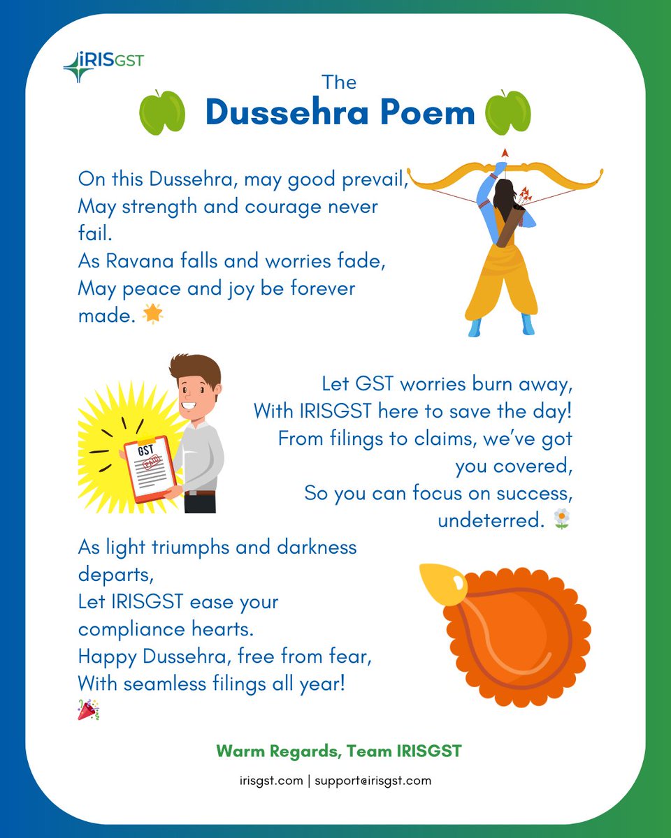 Here's a special Dussehra special poem from the IRISGST family! 🌟

May this festive season bring victory, prosperity, and new beginnings to all. Let's embrace the spirit of Dussehra, overcoming challenges and aiming for new heights together.
 
Happy #Dussehra to everyone!