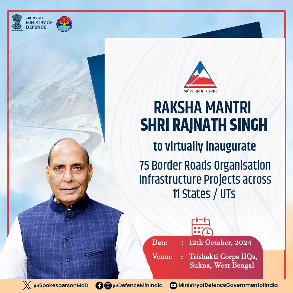 Ministry of Defence, Government of India (@spokespersonmod) on Twitter photo In a pivotal step to enhance connectivity and strategic readiness, Raksha Mantri Shri <a href="/rajnathsingh/">Rajnath Singh</a> will today dedicate 75 transformative infrastructure projects by <a href="/BROindia/">๐๐จ๐ซ๐๐๐ซ ๐๐จ๐๐๐ฌ ๐๐ซ๐ ๐๐ง๐ข๐ฌ๐๐ญ๐ข๐จ๐ง</a> across 11 states and UTs, paving the way for a more secure nation. ๐ฎ๐ณ
<a href="/giridhararamane/">giridhar</a> In a pivotal step to enhance connectivity and strategic readiness, Raksha Mantri Shri <a href="/rajnathsingh/">Rajnath Singh</a> will today dedicate 75 transformative infrastructure projects by <a href="/BROindia/">๐๐จ๐ซ๐๐๐ซ ๐๐จ๐๐๐ฌ ๐๐ซ๐ ๐๐ง๐ข๐ฌ๐๐ญ๐ข๐จ๐ง</a> across 11 states and UTs, paving the way for a more secure nation. ๐ฎ๐ณ
<a href="/giridhararamane/">giridhar</a>