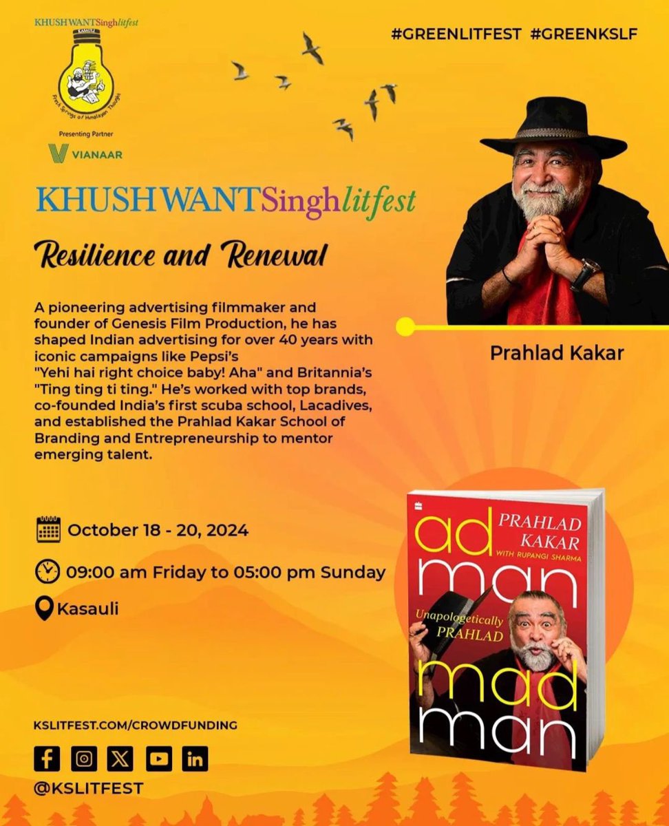 Khushwant Singh LitFest (@kslitfest) on Twitter photo "Delighted to announce!
Renowned author & journalist <a href="/PrahladKakar/">Prahlad Kakar</a> joins #KSLF2024!
Founder, Genesis Films & Advertising
Meet Prahlad Kakar at Khushwant Singh Literary Festival 2024!
Oct 18-20, Kasauli
#PrahladKakar #KSLF2024 #Advertising #Journalism #LiteraryFestival "Delighted to announce!
Renowned author & journalist <a href="/PrahladKakar/">Prahlad Kakar</a> joins #KSLF2024!
Founder, Genesis Films & Advertising
Meet Prahlad Kakar at Khushwant Singh Literary Festival 2024!
Oct 18-20, Kasauli
#PrahladKakar #KSLF2024 #Advertising #Journalism #LiteraryFestival