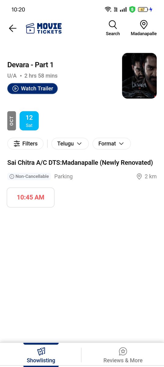 MovieTaluka's tweet photo. Sai Chitra, Madanapalle Renovated with 2K Laser 3D, Dolby 7.1
Grand Re-Opening With #Devara 10:45 AM Show Today (12-10-2024)
House Full - 45,027 Rs ๐ฅ๐ฅ๐ฅ
Seating Capacity - 424
#ManOfMassesNTR @tarak9999
๐ช๐ช๐ช
#DevaraCeeded | #DevaraStrom https://t.co/1U0Ucf9g5R