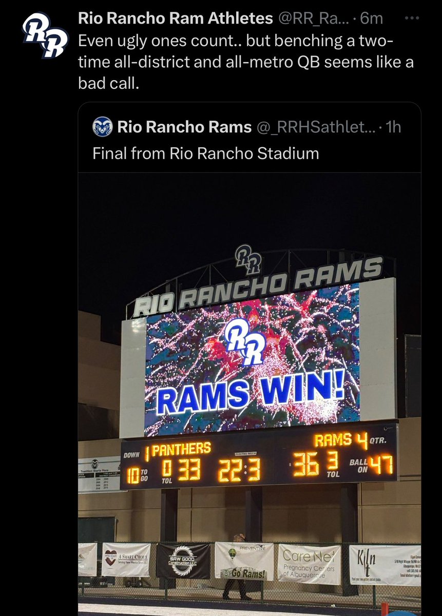LAJ602's tweet photo. @_RRHSathletics @PrepRedzoneNM Rio get your coaching staff under control!!!! It’s an ugly look to have coaches trying to fight parents! 
In front of kids, students and families! Get it together! And why are seniors quitting the team?! What’s really going on?! https://t.co/j0QaUHOoNW
