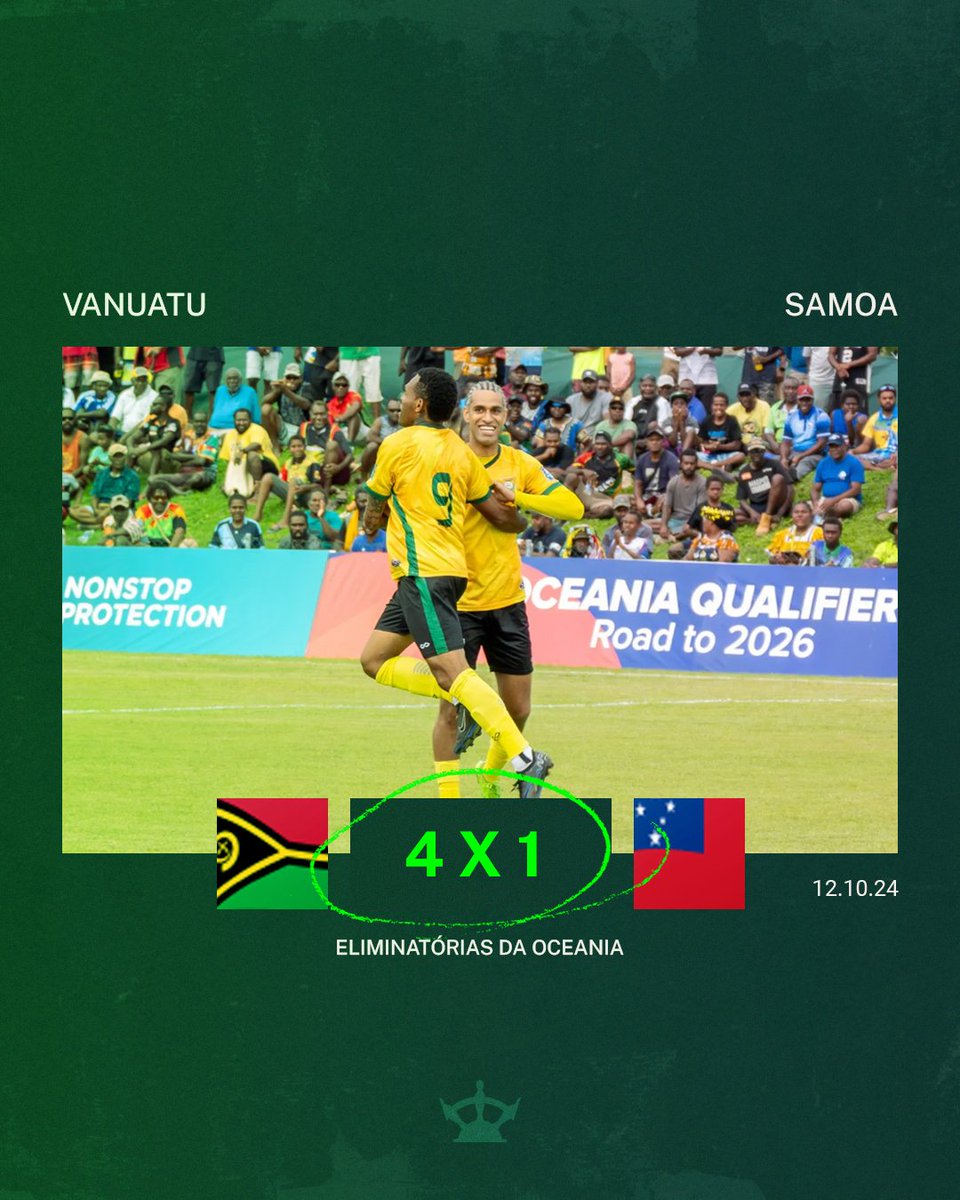 FIM DE JOGO!

No encerramento da primeira rodada da fase de grupos, Vanuatu, do brasileiro Juliano Schmeling, goleia a Samoa e sai na frente no Grupo B!

#eliminatorias2026 
#OceaniaQualifiers