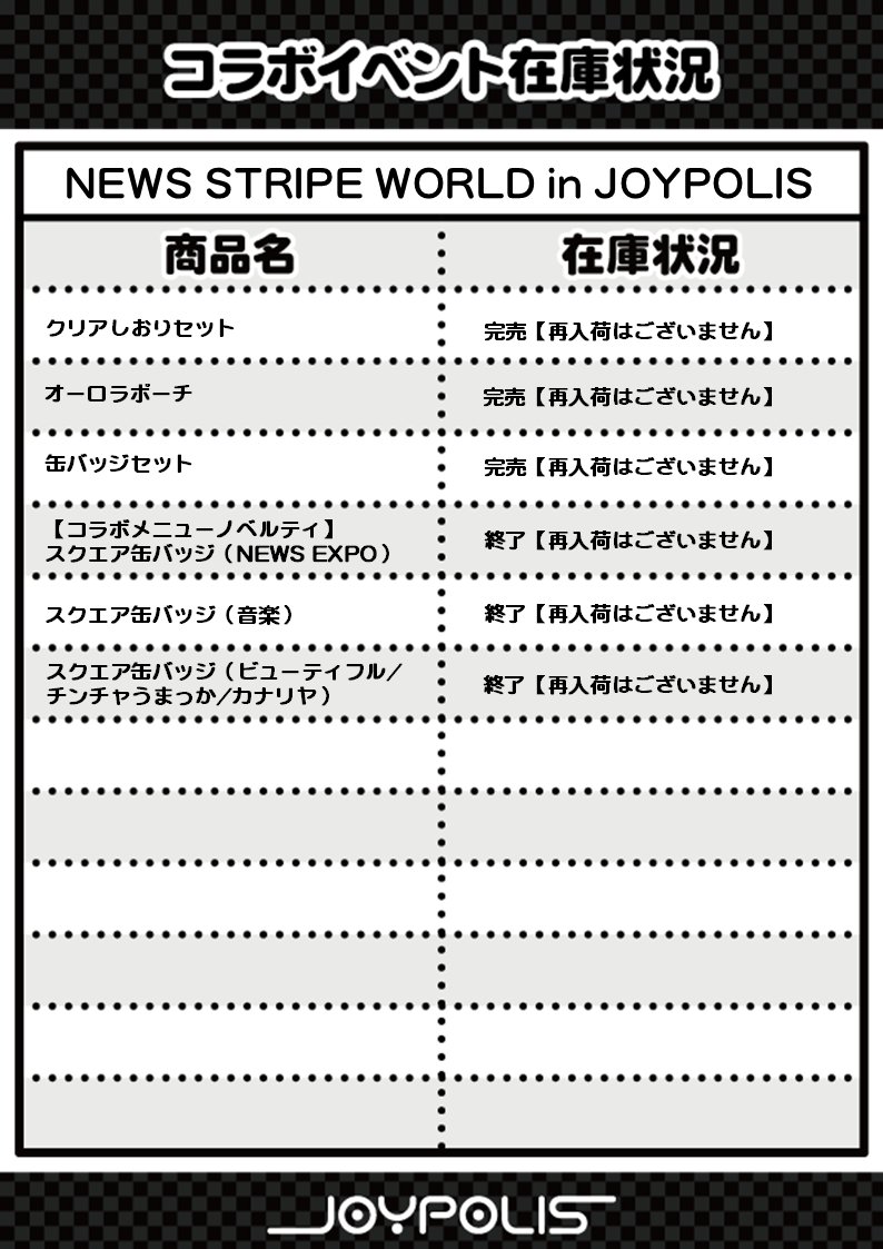 NEWS STRIPE WORLD in JOYPOLIS】 「缶バッジセット」が好評につき完売