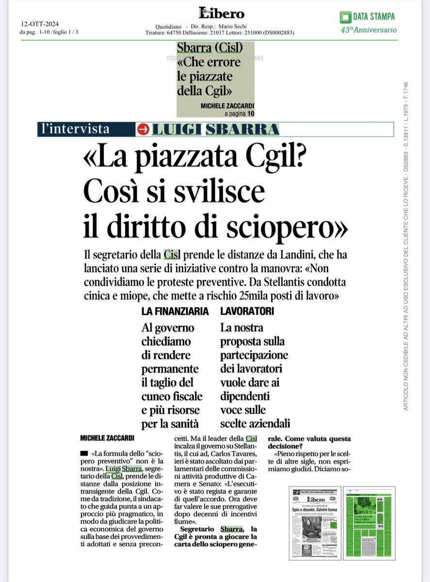 CislNazionale's tweet photo. #LuigiSbarra a ‘Libero’: “Abbiamo chiesto al Governo nell’ultimo incontro di convocarci. Se la premier Meloni ci proporrà soluzioni sbagliate ed inique, faremo sentire la nostra voce. Questa rimane la linea responsabile e pragmatica della Cisl. Abbiamo già detto con chiarezza che non va toccata la spesa sociale, i redditi delle famiglie, sanità, pensioni e welfare, dotazioni per il lavoro. Bisogna rafforzare la crescita, spendere bene le risorse del Pnrr, rilanciare investimenti pubblici e privati, far crescere occupazione, salari e pensioni”.
