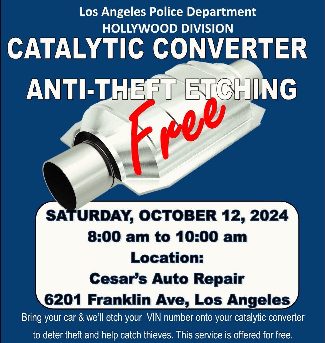 Preventing catalytic converter theft :  Bring your Car &amp; we will etch your VIN onto your catalytic converter on Saturday Oct 12 8am-12pm at Cesar’s Auto Repair FOR FREE !!!!!