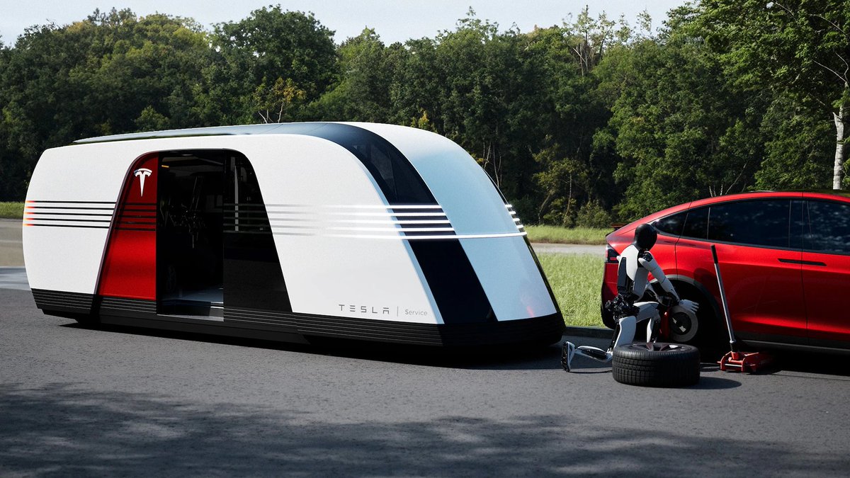 cb_doge's tweet photo. Imagine a future where a RoboVan pulls up, and Optimus hops out to repair your Tesla. https://t.co/z6g5xHBWZ3