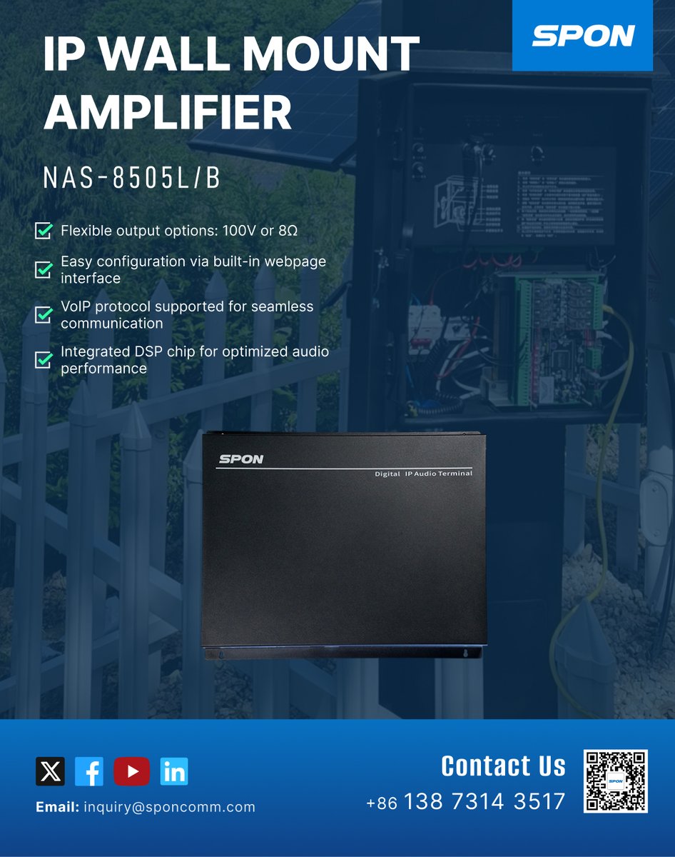 🚀 Meet the NAS-8505L/B IP Wall Mount Amplifier! 
🔊 Flexible Output:100V or 8Ω
🌐 Easy Setup: Built-in webpage interface.
📞 VoIP Support: Seamless communication!
🎛️ DSP Chip
#SPON #AudioSolutions #IPAmplifier
IP Wall Amplifier: sponcomm.com/products/netwo…
