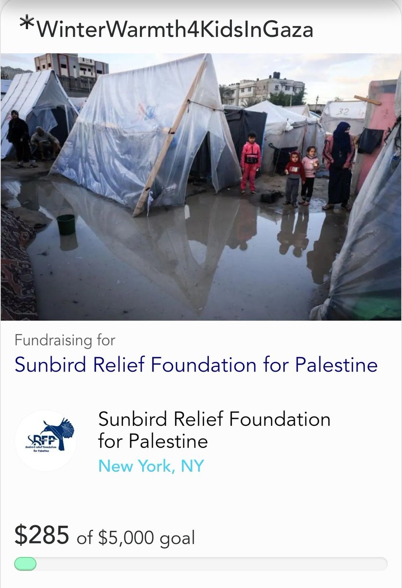 🧥Winter Warmth 4 Kids in Gaza🧥 After two days of our fasting challenge for solidarity with Gaza, we are at $285 of our $5000 goal. Can we get over $300 bt the weekend?! Pls consider donating &amp; sharing! Thank you! Follow: <a href="/ProjectSha50558/">sun bird relief foundation for Palestine</a> 🫒Donation 🔗: spot.fund/1bjk7msc