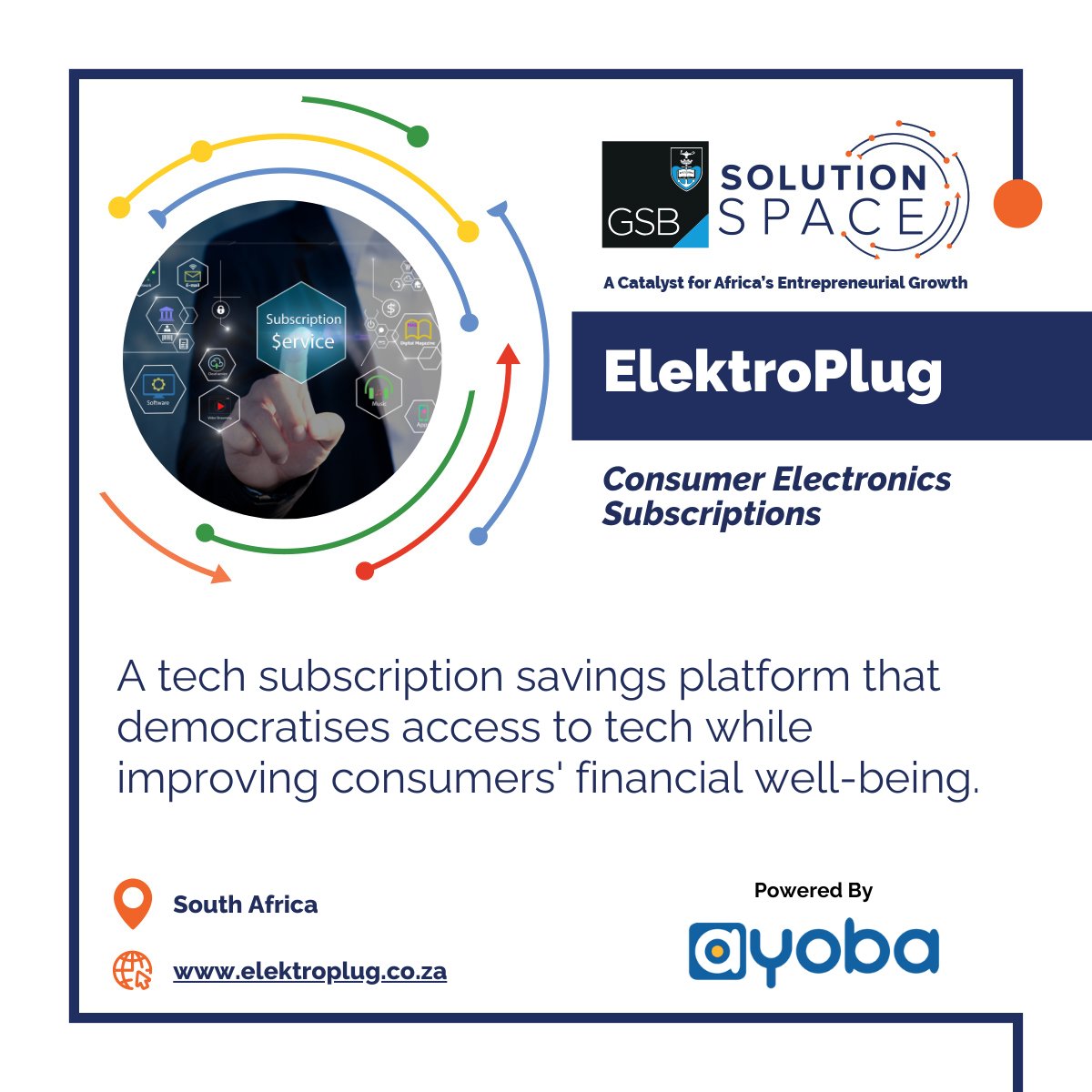 High-end tech for less!

ElektroPlug is making tech more accessible with its consumer electronics subscription platform!

Democratizing access to technology while improving financial well-being. 

<a href="/ayobaapp/">ayoba app</a> 

#startup #entrepreneur #eTrackProgramme #business #startupecosystem