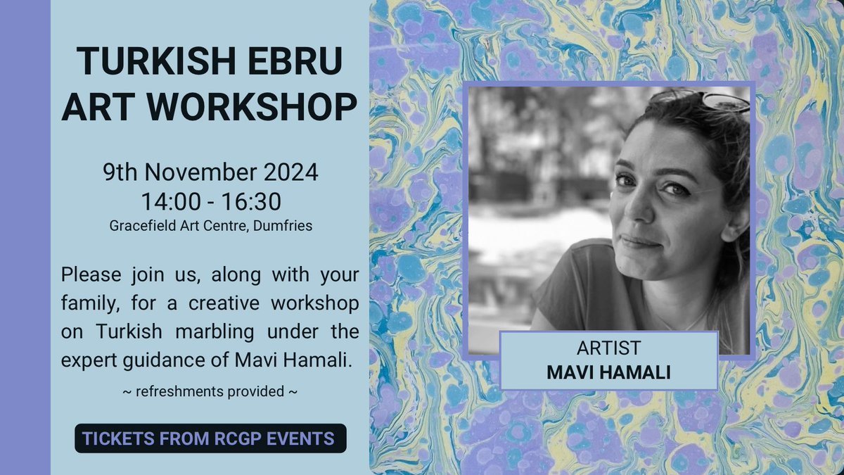 WOS Faculty are delighted to host an afternoon of creativity with Mavi Hamali. Learn about Turkish Ebru and take home your own marbled art!

🗓️ Saturday 9th November 
🕑 14:00 - 16:30
📍 Gracefield Arts Centre, Dumfries
🧑‍🧑‍🧒‍🧒 Families welcome
🎟️ shorturl.at/LHJkY
