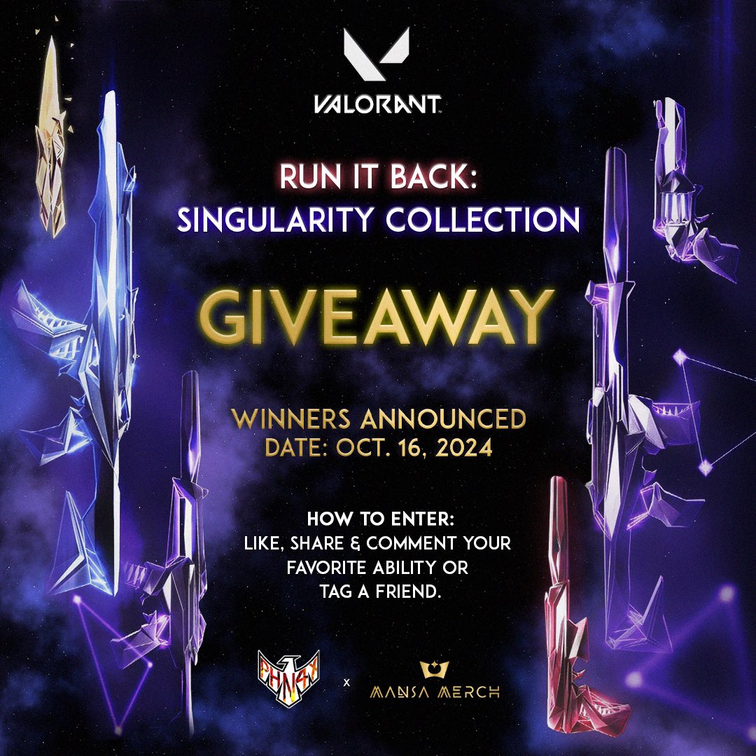 🎮 VALORANT SKIN GIVEAWAY 🎮

Two winners, two epic skins! 🏆
1️⃣ Run It Back: Singularity skins
2️⃣ Singularity 2.0 skins
✨ Open to players worldwide 🌍

How to enter:
1️⃣ Follow <a href="/phn4x_/">PHN4X</a> &amp; <a href="/mansamerch/">Mansa Merch</a> 
2️⃣ Share/Repost
3️⃣ Comment your favorite ability or tag a friend below👇

🗓️