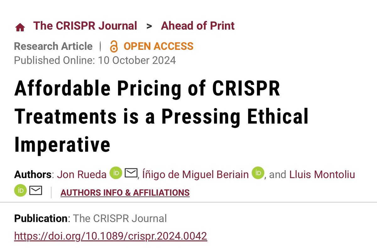 Lluis Montoliu (@lluismontoliu) on Twitter photo Comparto nuestra última publicación en <a href="/CRISPRjournal/">The CRISPR Journal</a> junto a <a href="/idemiguelb/">Íñigo de Miguel</a> y <a href="/ruetxe/">Jon Rueda Etxebarria</a> sobre la #accesibilidad y la #asequibilidad y la #equidad de las nuevas terapias #CRISPR que no llegan a todos.
Un problema ético que tenemos que resolver ya.
#OpenAccess
liebertpub.com/doi/10.1089/cr… Comparto nuestra última publicación en <a href="/CRISPRjournal/">The CRISPR Journal</a> junto a <a href="/idemiguelb/">Íñigo de Miguel</a> y <a href="/ruetxe/">Jon Rueda Etxebarria</a> sobre la #accesibilidad y la #asequibilidad y la #equidad de las nuevas terapias #CRISPR que no llegan a todos.
Un problema ético que tenemos que resolver ya.
#OpenAccess
liebertpub.com/doi/10.1089/cr…