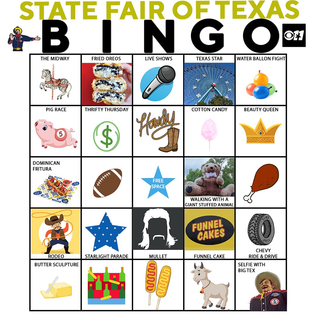 CBSNewsTexas's tweet photo. Get ready for some fair fun!🎪Join us for State Fair of Texas Bingo! Play along with friends and family as you check off classic fair sights🎡🎠Comment below with your bingo card and let the games begin!🎊🙋🏻
#StateFairBingo #StateFairofTexas #SFOT #cbstexas #cbsnewstexas https://t.co/lBKKfiensw