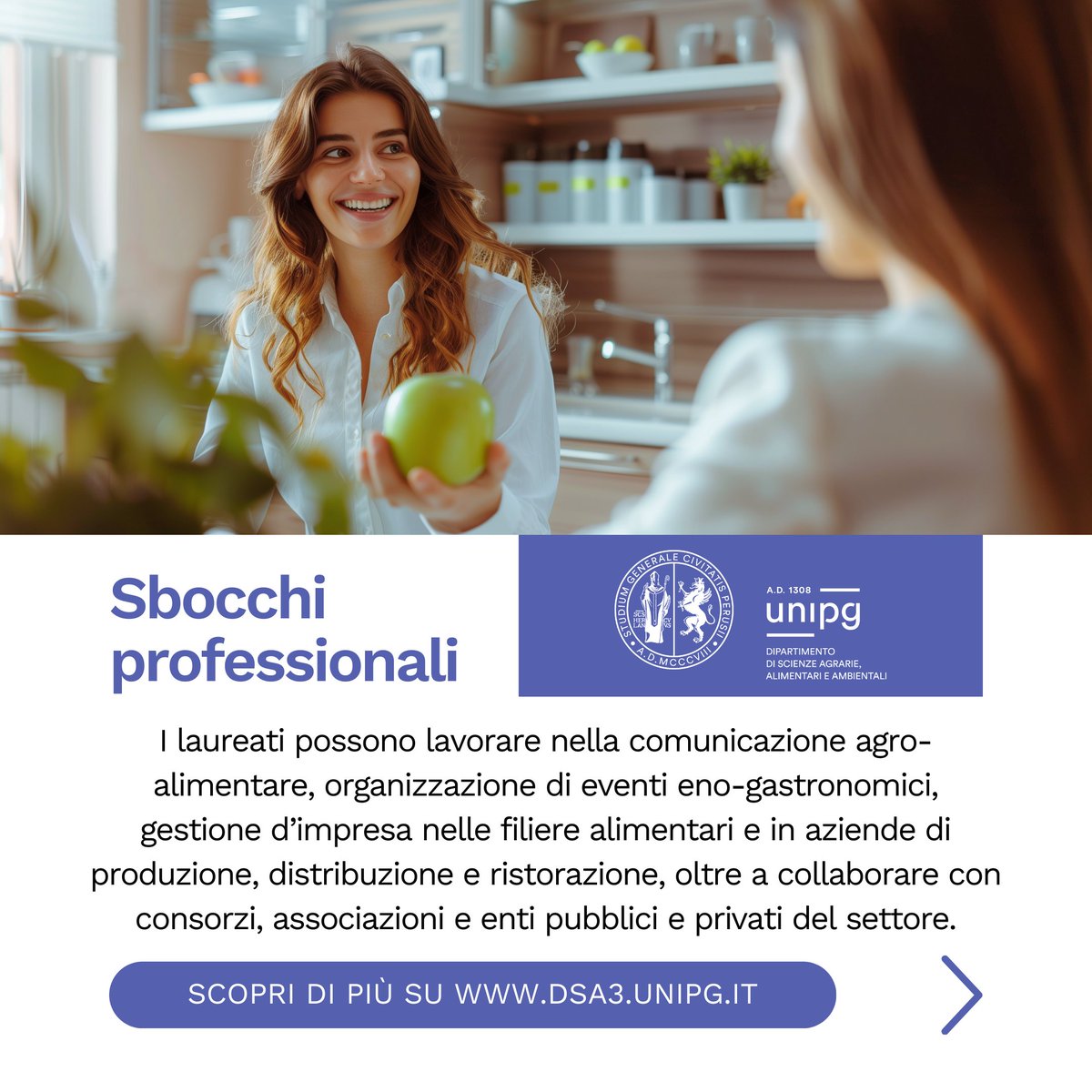DSA3Perugia's tweet photo. Sogni una carriera nel settore dell'alimentazione? Il corso di laurea in Economia e Cultura dell'Alimentazione ti offre una formazione multidisciplinare unica, per gestire imprese alimentari, creare eventi eno-gastronomici e comunicare l'innovazione nel cibo. 
#LaureaTriennale https://t.co/3PuFPnKt5o