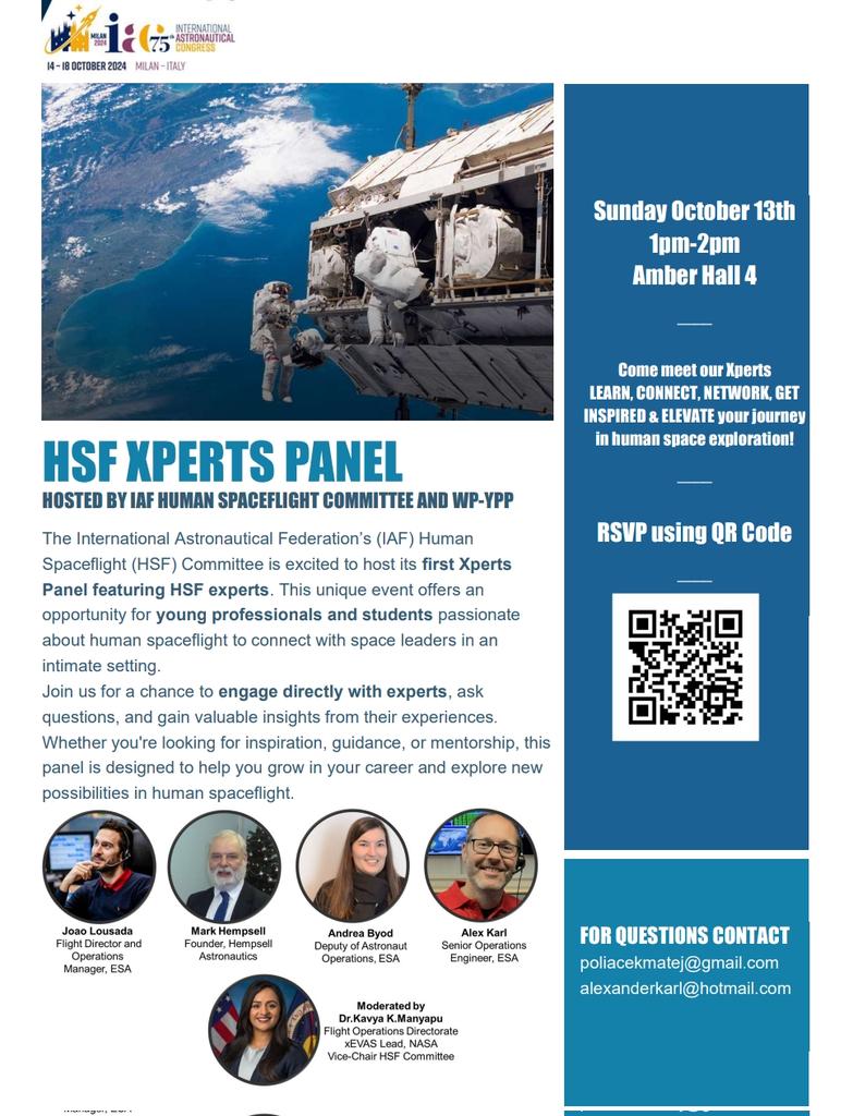 I'm starting off my #Milan #IAC2024 already tomorrow,  with the #HSF #XPERTS panel. For young professionals and students that are curious about Human Spaceflight. 🚀🧑‍🚀

If that's you, then come join us tomorrow at 13:00 🕖 in the Amber Hall 4! 📍

Looking forward! 🚀

#iac #panel