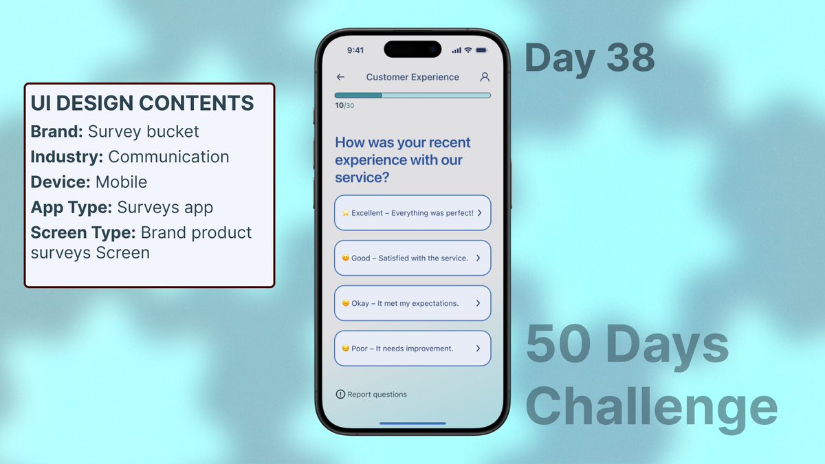 ashish1lexbaa's tweet image. 🚀 Day 38 of my #50DaysUIChallenge! Crafting a seamless survey experience with SurveyBuckets 📝📊
Simplified customer feedback, one question at a time! #CustomerExperience #SurveyDesign #FeedbackMatters   #SurveyApp #UserFeedback #UnderstandingCustomers #QuestionnaireDesign