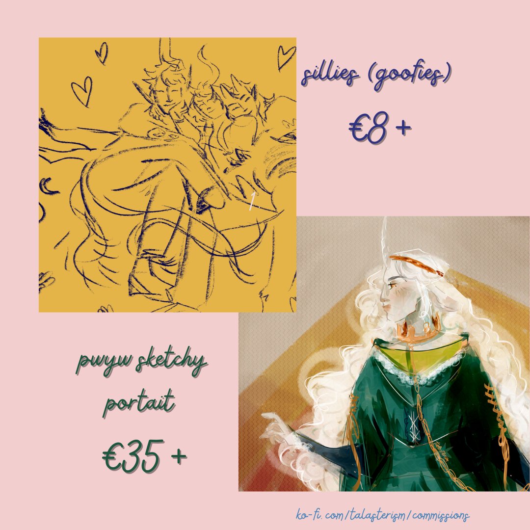 talasterism's tweet photo. any shares are super appreciated! my laptop died (we had a toxic  relationship so maybe it's for the best) and im gathering funds for a  new one so im running a batch of commissions of various price ranges pls let me draw your characters (once i  get new laptop) https://t.co/Yr9YGjS1QK