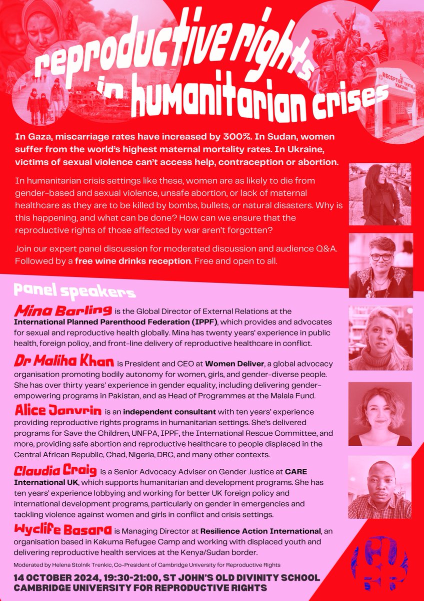Women Deliver (@womendeliver) on Twitter photo From war zones to climate disasters, women’s reproductive health is under attack. Why is this happening, and what can be done?
Join <a href="/CamReproRights/">Cambridge University for Reproductive Rights</a>, <a href="/MalihaKhanWD/">Maliha Khan</a> & other experts as we discuss reproductive rights in humanitarian crises.
📆14 Oct
🕣19.30
📍Cambridge
More info👇 From war zones to climate disasters, women’s reproductive health is under attack. Why is this happening, and what can be done?
Join <a href="/CamReproRights/">Cambridge University for Reproductive Rights</a>, <a href="/MalihaKhanWD/">Maliha Khan</a> & other experts as we discuss reproductive rights in humanitarian crises.
📆14 Oct
🕣19.30
📍Cambridge
More info👇