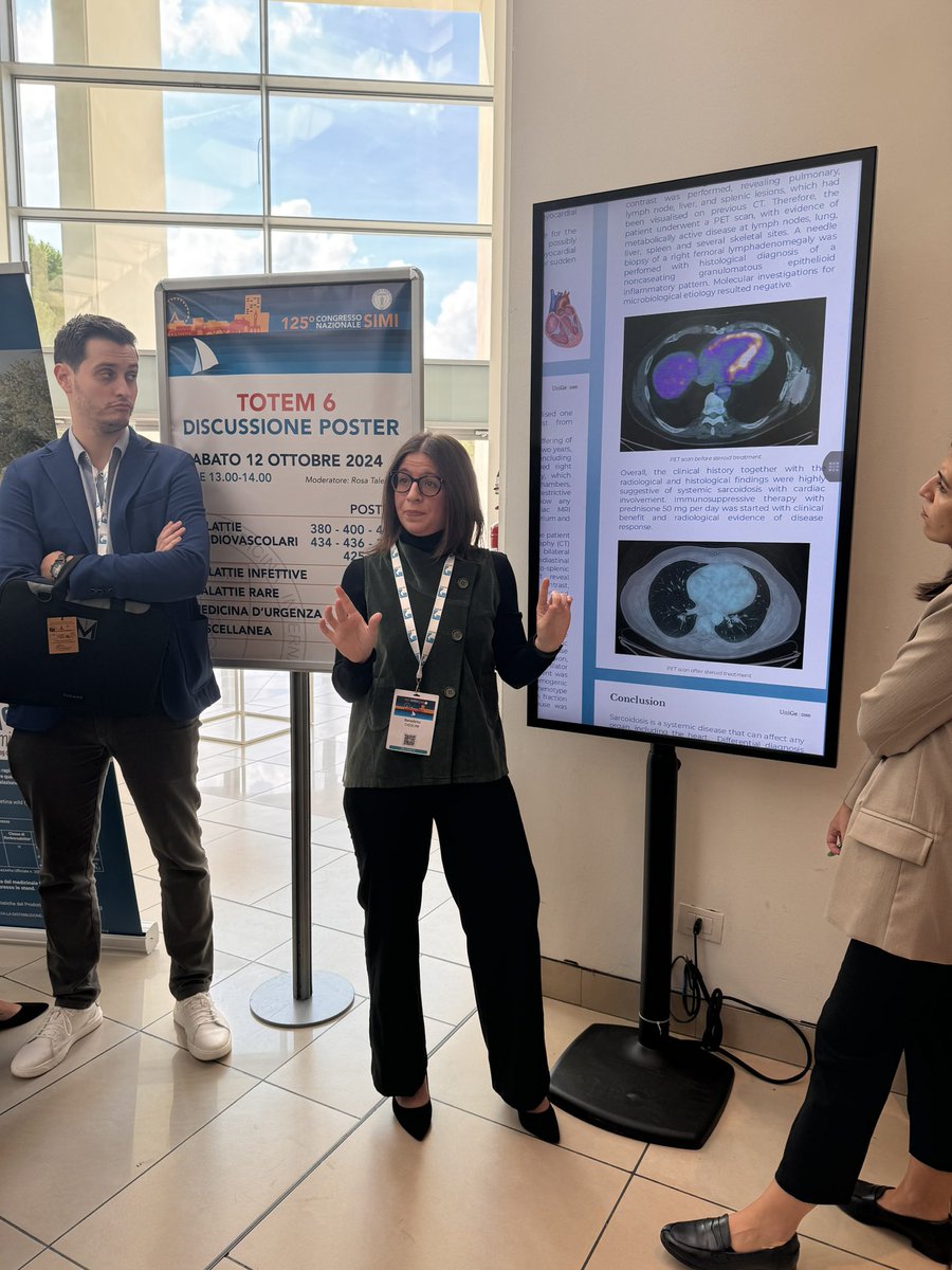 Bravo <a href="/bcigolini97/">Benedetta Cigolini</a> ! At #SIMI2024, Benedetta Cigolini presented a fascinating case of cardiac sarcoidosis with systemic involvement. Complex diagnosis and positive response to steroid therapy. A great example of how a multidisciplinary approach is crucial in managing rare