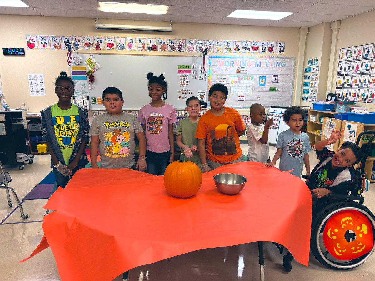 rdcmoore's tweet photo. This week we learned  about parts of a pumpkin. We carved a pumpkin as a class and took turns scraping it out. Fun sensory time! @NISDOtt https://t.co/uubxTFqUQF