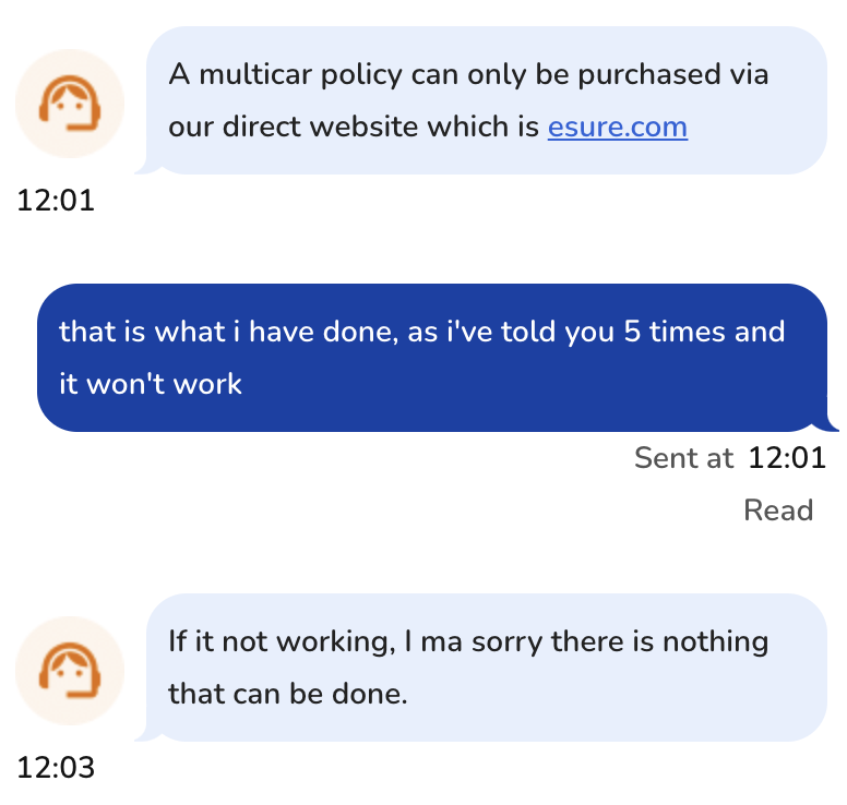 OliverBucks's tweet photo. I’ve been a loyal customer, but I’m unable to buy a second policy directly on your site. Tried 8 times over 4 days in 3 different browsers—same error each time. Oddly, I can buy insurance with you through comparison sites! Live chat says “not possible.” Please help! @askesure https://t.co/AUE9CHzuV3