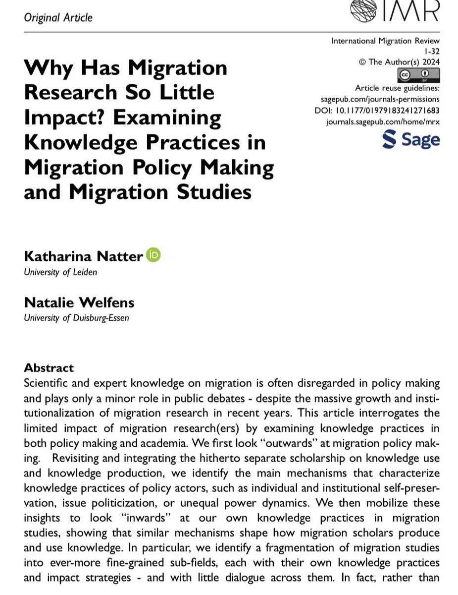 New article out: “Why Has Migration Research So Little Impact? Examining Knowledge Practices in Migration Policy Making and Migration Studies” in <a href="/IMRjournal/">International Migration Review (IMR)</a> 

Thoughts?

journals.sagepub.com/doi/full/10.11…