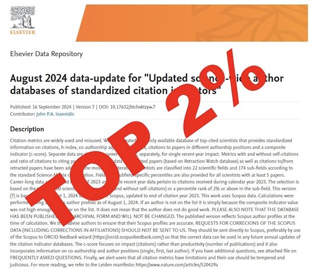 Una gran alegría estar de nuevo en el Top 2% de los científicos/as más influyentes en el mundo de la ciencia. Éste no mi mérito, sino de todas las personas que han trabajado y siguen trabajando conmigo. Es el fruto de su trabajo, tesón y dedicación.
elsevier.digitalcommonsdata.com/datasets/btchx…