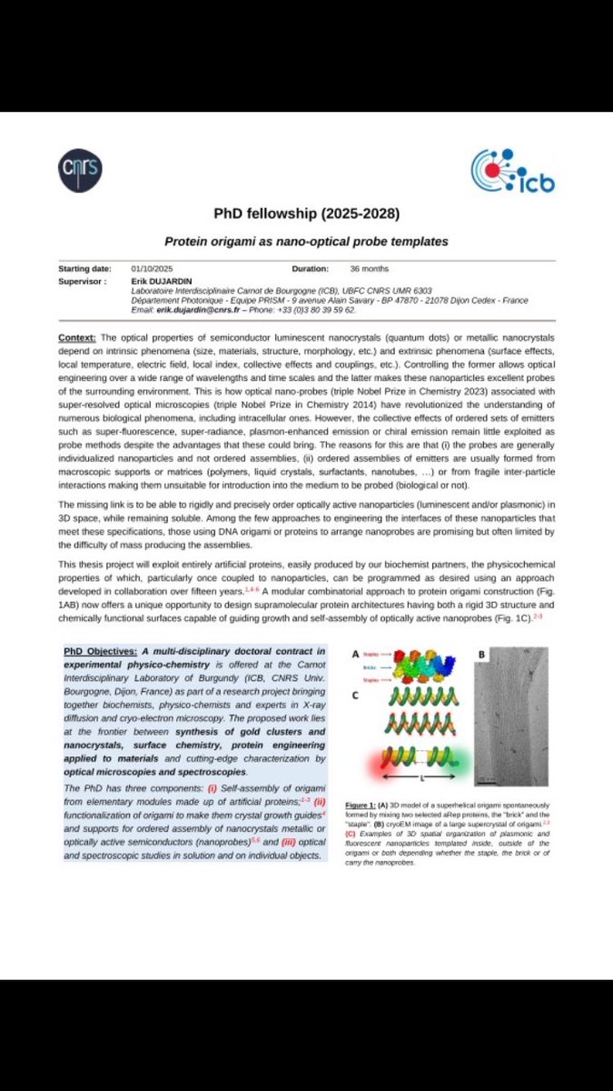 If you are looking for a PhD or a postdoc in France on very interesting topics:
- protein origami
- plasmonic
- nanosciences

Please reach out to Erik Dujardin (erik.dujardin@cnrs.fr)!