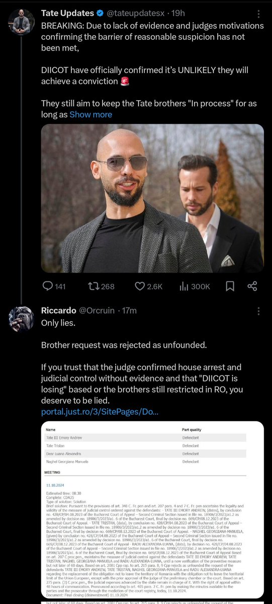 Orcruin's tweet photo. @tateupdatesx cannot accept the truth.
As soon as you are faced with facts, you block.
This is how weak you and tate fans are.
Analyzing the evidence and situation, the judge confirmed house arrest and judicial control for the brothers. COPE.
#tate #tatertots #tatecase https://t.co/SBFdBqRUXr