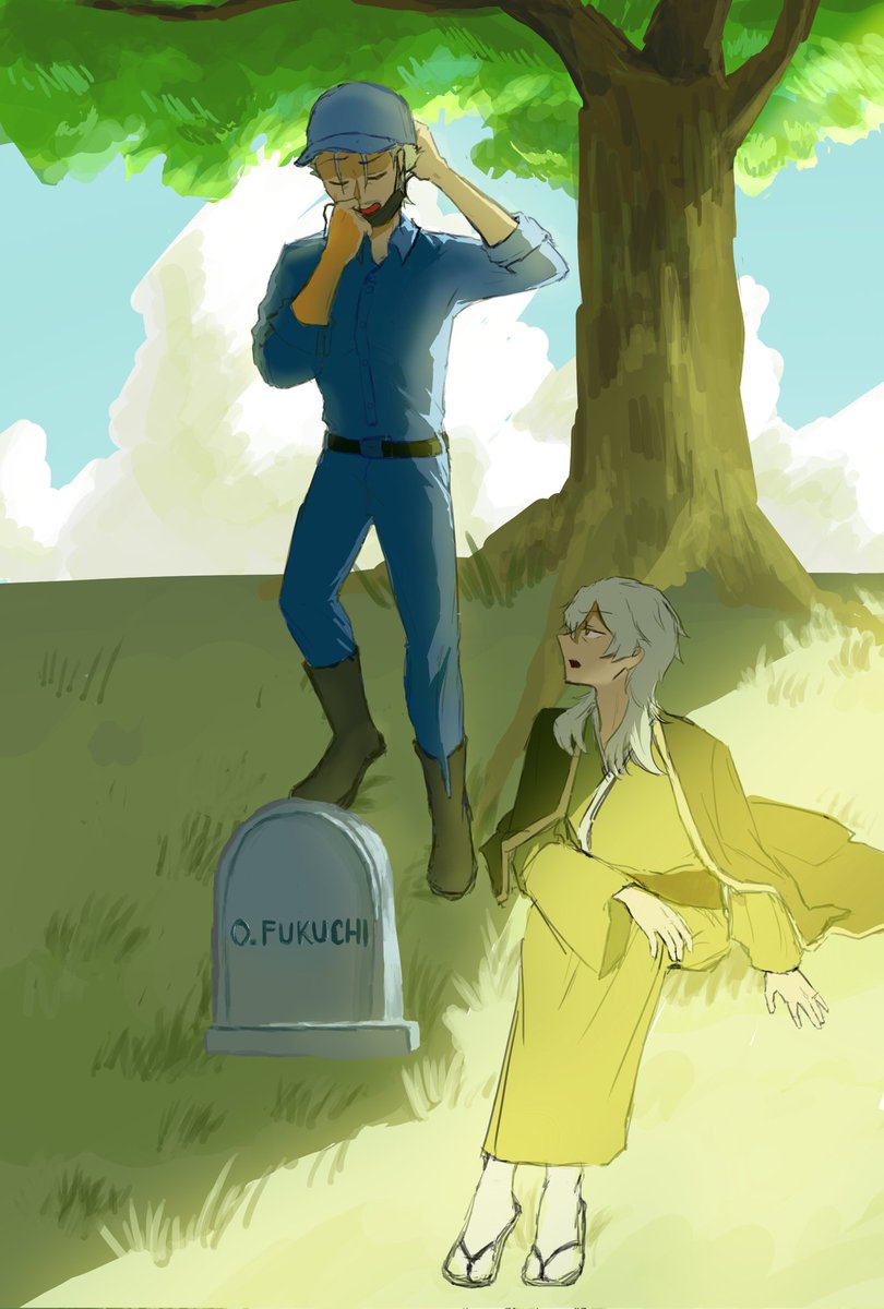 #bsdinktoberchronicles #fukufuku 
day 11 - grave
fukuchi ouchi might be dead, but not fukuchi genichiro