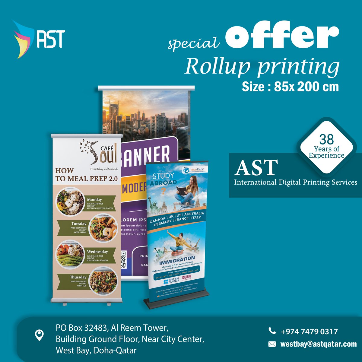 ast_print's tweet image. Stand out with AST Qatar's high-quality roll-up banners! Perfect for every event
🌐astqatar.com
✉westbay@astqatar.com
CONTACT NO :+974 4476 5000
                              :+974 7479 0317
#RollupPrinting #BannerPrinting #EventDisplay #BrandingSolutions