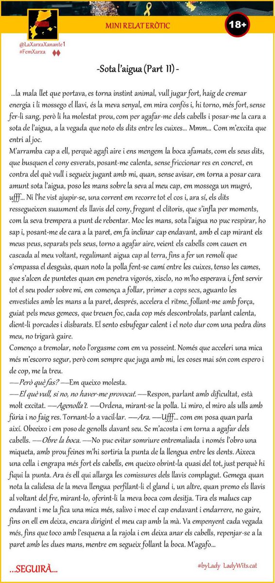 Bon dia xarxers 

La <a href="/LADY_WITS/">Lady Wits 🌹📚 Llibres, Relats, Poemes i Silencis.</a> s’ha proposat cremar-nos les retines, mare meva! 😈

SOTA L'AIGUA (Part_II) 

Link: ladywitsadults.blogspot.com/2024/10/sota-l…

#MiniRelatEròtic #LadyRelat #byLady #FemXarxa #Konektadezagun #FemXarxaPV #YesScotland #RelatsEròtics #CatalàEròtic