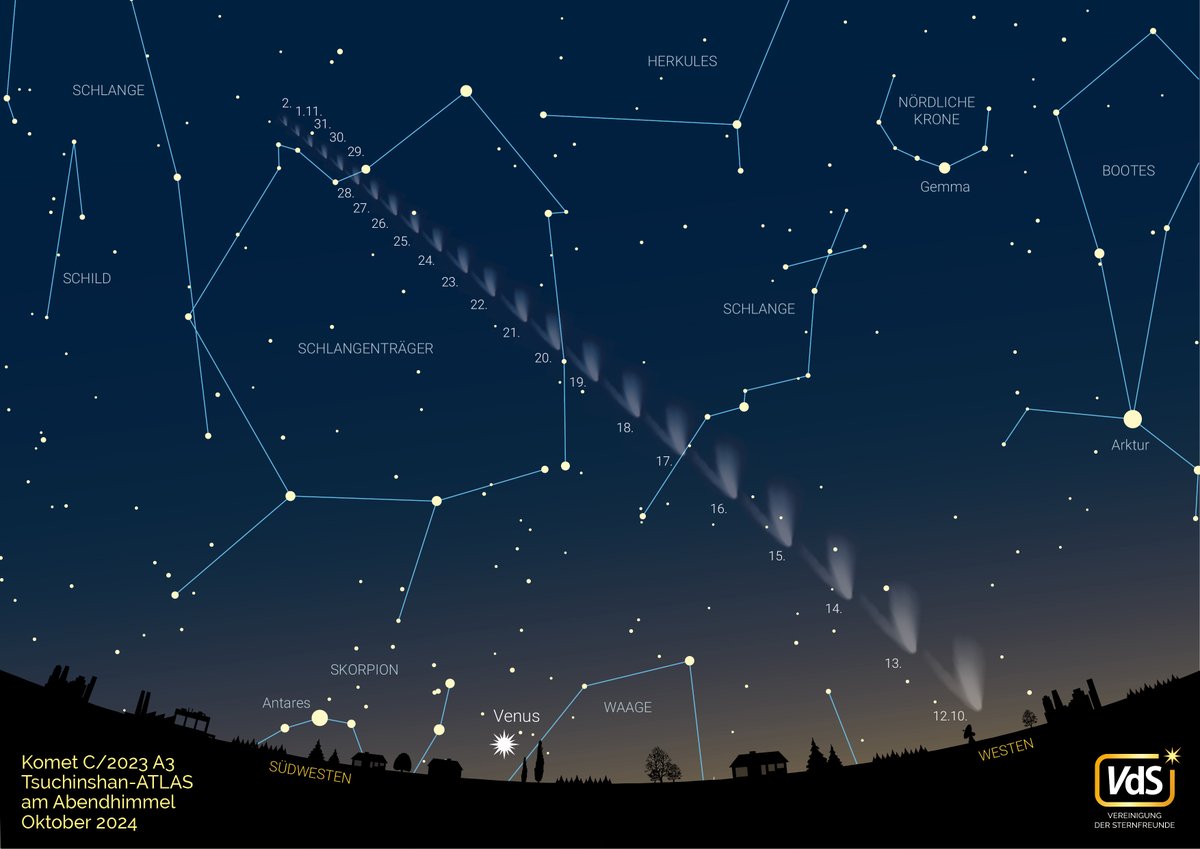 So findet ihr Tsuchinshan-ATLAS in nächsten Tagen: Der Stern Arktur im Bootes wird in der Dämmerung als einer der ersten Sterne sichtbar. Zieht gedanklich eine Verbindungslinie Arktur-Venus, geht zu deren Mitte und je nachdem an welchem Tag ihr schaut, ist er drunter oder drüber