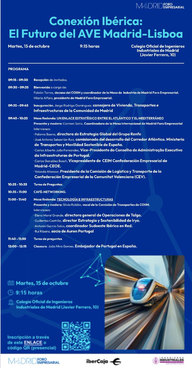 El próximo martes participaremos en Madrid  en un importante e interesante evento sobre “Conexión Ibérica: El Futuro del AVE Madrid- Lisboa”, organizado por el Colegio Oficial de Ingenieros Industriales de Madrid y Madrid Foro Empresarial.

coiim.es/formacion-y-ev…