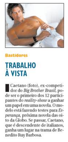 O Caetano do BBB 1 chegou a fazer teste pra Esperança 💀 (Correio Braziliense, 09/04/2002)