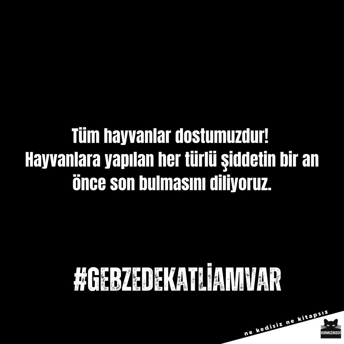 Tüm hayvanlar dostumuzdur! 

Hayvanlara yapılan her türlü şiddetin bir an önce son bulmasını diliyoruz.

#GebzedeKatliamVar 
#kırmızıkedi #nekedisiznekitapsız