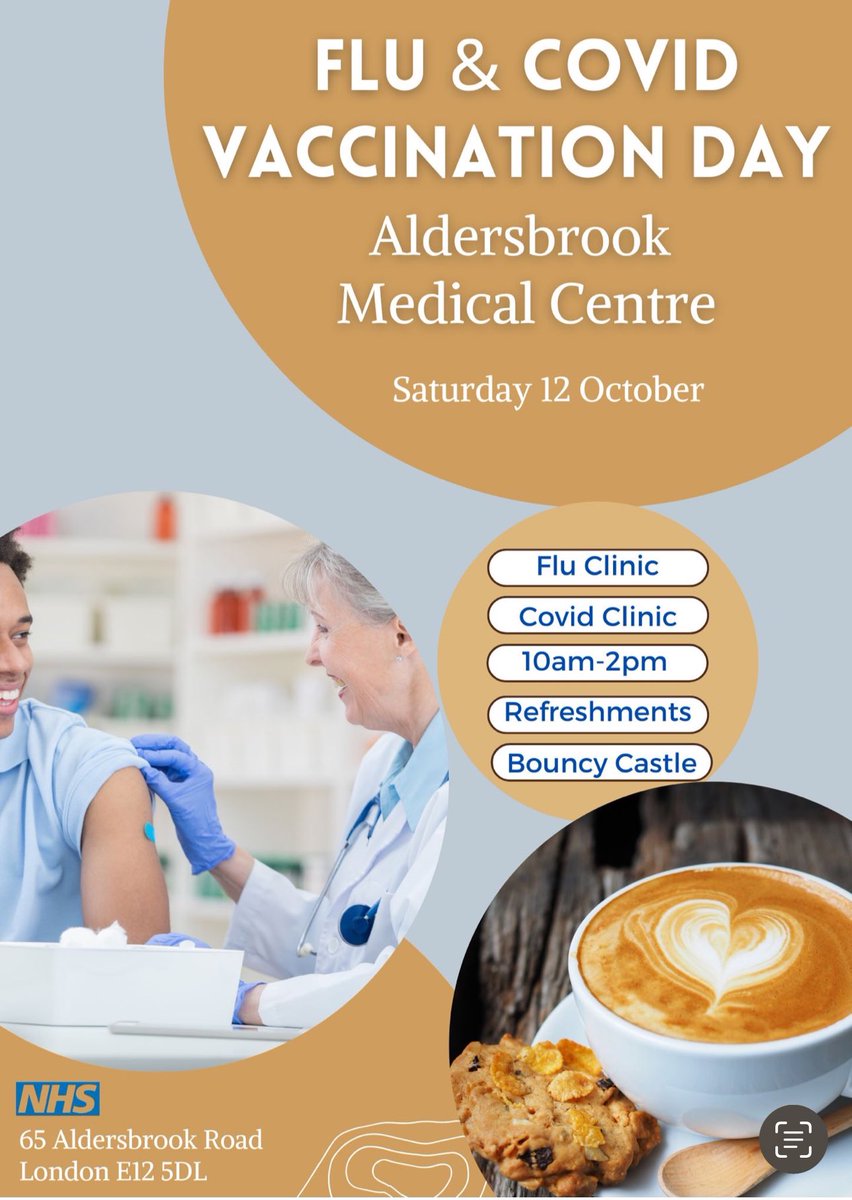 Aldersbrook Medical Centre (@aldersbrookmc) on Twitter photo Join us for our Flu & Covid Vaccination Day today! πππΎ
There will be teas, coffees , cake βοΈπ° and a bouncy castle π° for the kids!
No appointments required!
<a href="/NHS_NELondon/">NHS North East London</a> <a href="/RCGP_NELondon/">RCGP NE London</a> <a href="/NHSEnglandLDN/">NHS London</a> Join us for our Flu & Covid Vaccination Day today! πππΎ
There will be teas, coffees , cake βοΈπ° and a bouncy castle π° for the kids!
No appointments required!
<a href="/NHS_NELondon/">NHS North East London</a> <a href="/RCGP_NELondon/">RCGP NE London</a> <a href="/NHSEnglandLDN/">NHS London</a>