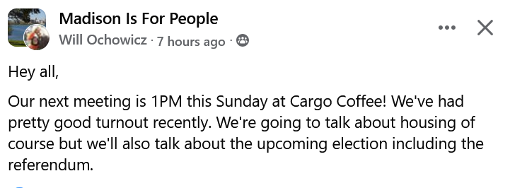 Zenz (@therealzenz) on Twitter photo Make sure you head over to the <a href="/MadisonForPpl/">Madison Is For People🏗🏘🥑</a> meeting 1pm Sunday at Cargo Coffee (east wash)! Make sure you head over to the <a href="/MadisonForPpl/">Madison Is For People🏗🏘🥑</a> meeting 1pm Sunday at Cargo Coffee (east wash)!